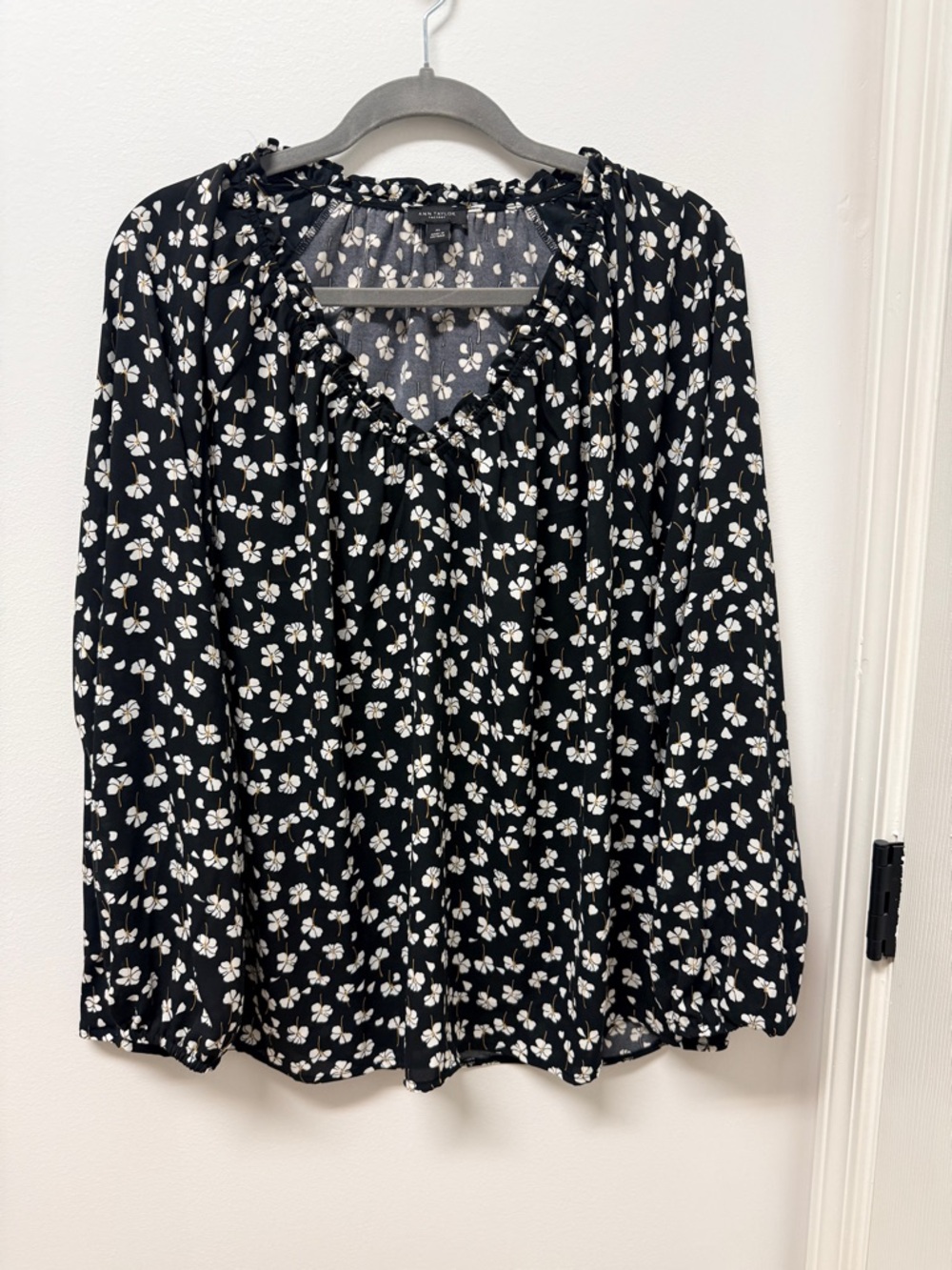 Ann Taylor Black Floral Ruffle-Neck Peasant Top